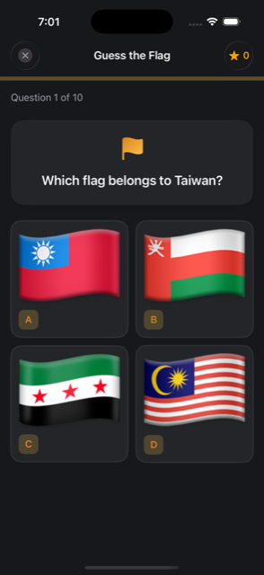 The same flag question in a dark theme, with an amber accent on a near-black background.