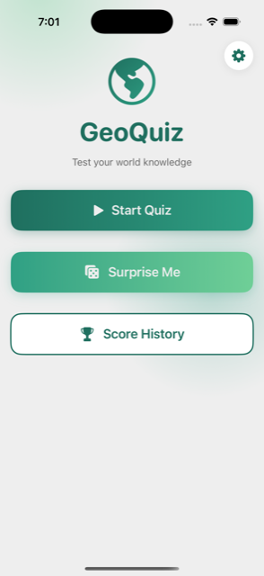 GeoQuiz home screen with Start Quiz, Surprise Me and Score History buttons.
