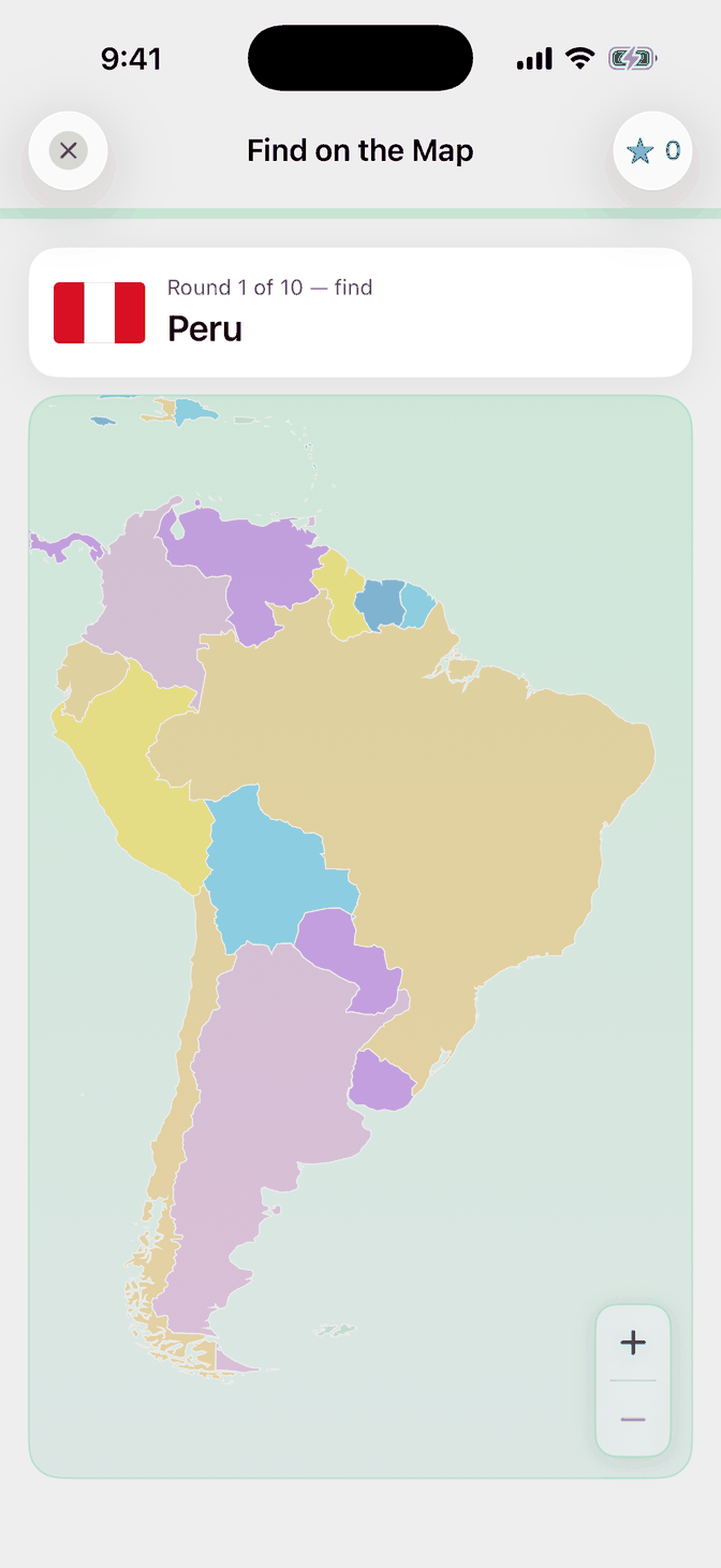 The Map Challenge asking the player to find Peru, on a political-atlas map of South America where no two neighbouring countries share a colour.