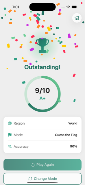 Results screen showing a score of 9 out of 10, grade A plus, with region, mode and accuracy.