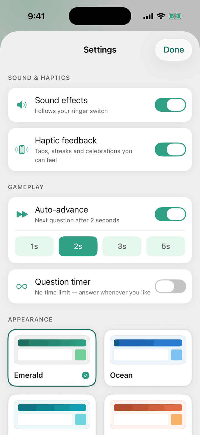 Settings screen with sound effects and haptic feedback toggles, auto-advance timing, an optional question timer, and the theme picker.
