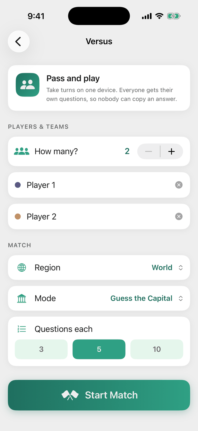 Versus setup screen for pass-and-play: number of players, player names, region, mode and questions each.