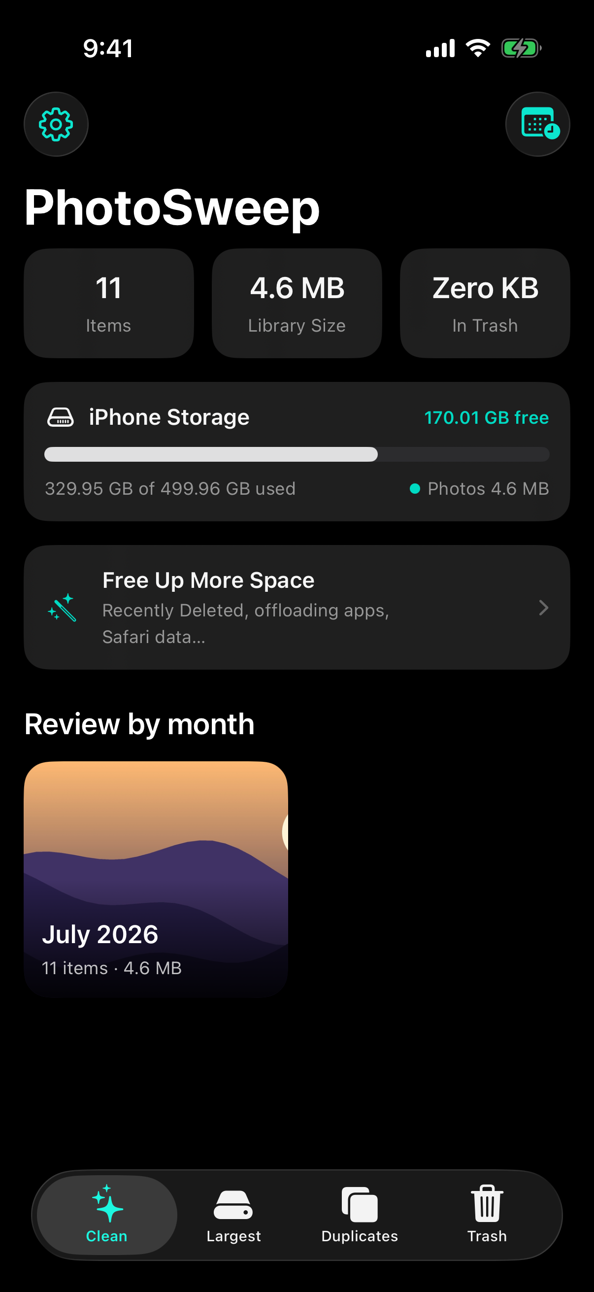 Clean tab — storage bar, library counters, and a month grid to review