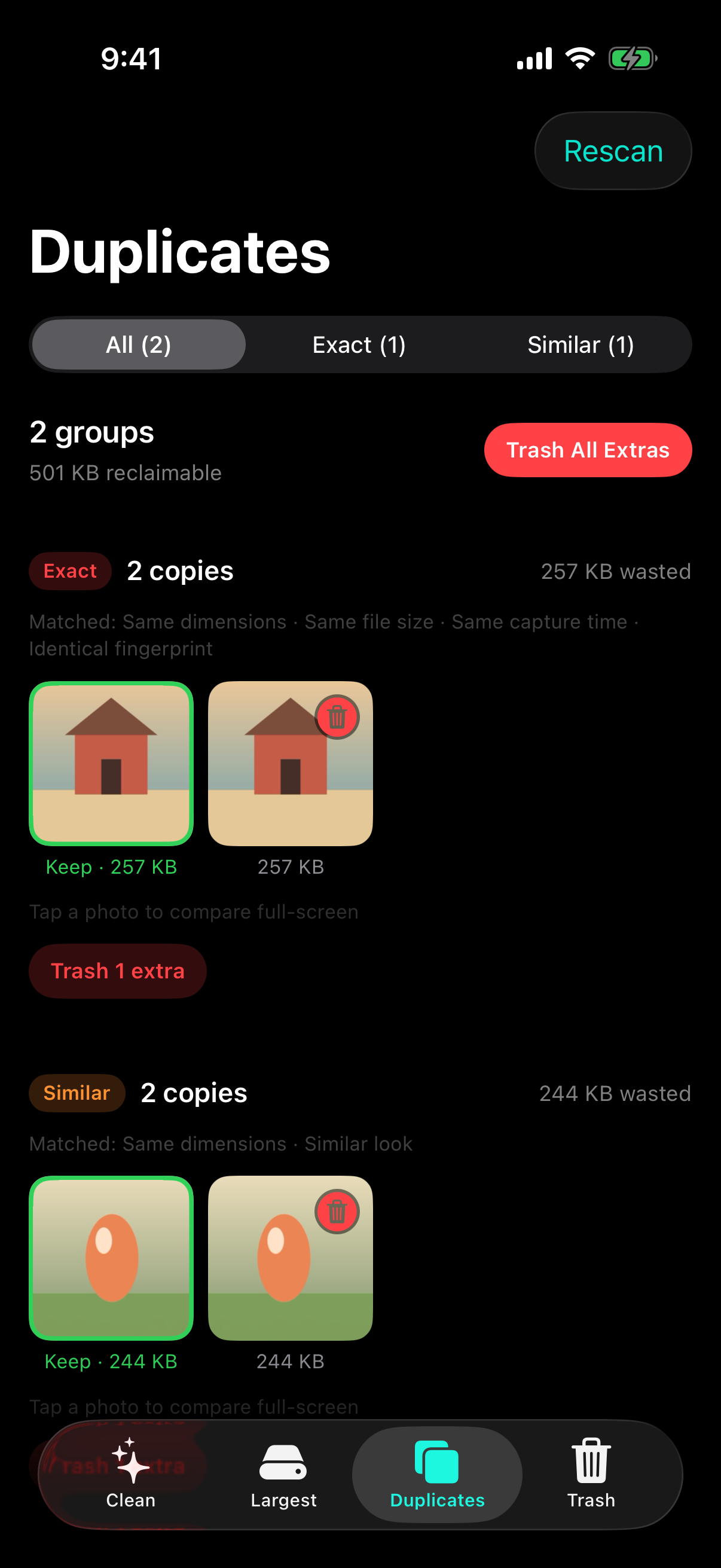 Duplicates tab — Exact and Similar groups with the metadata signals that matched
