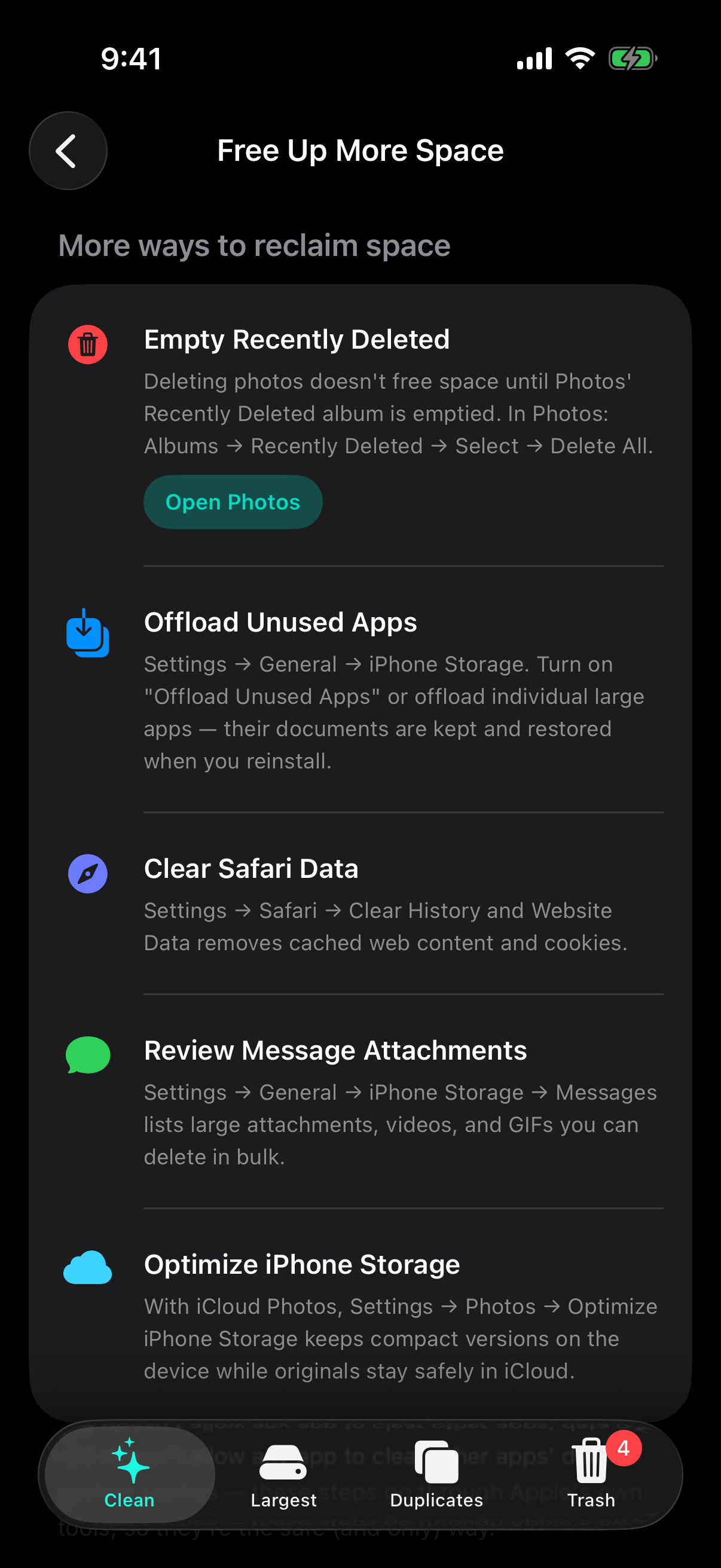 Free Up More Space guide — a checklist pointing at Apple's own storage tools
