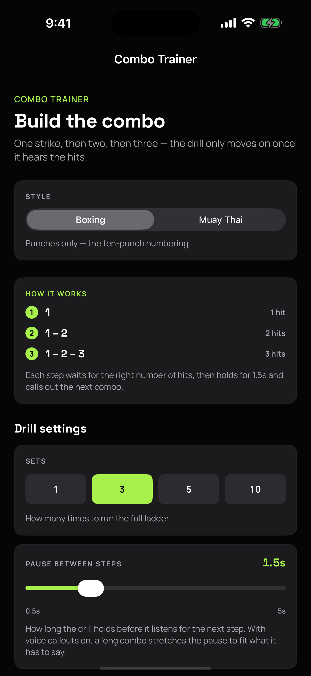 Combo Trainer setup, Boxing or Muay Thai style, the 1 / 1-2 / 1-2-3 ladder explained, set count, and an adjustable pause between steps