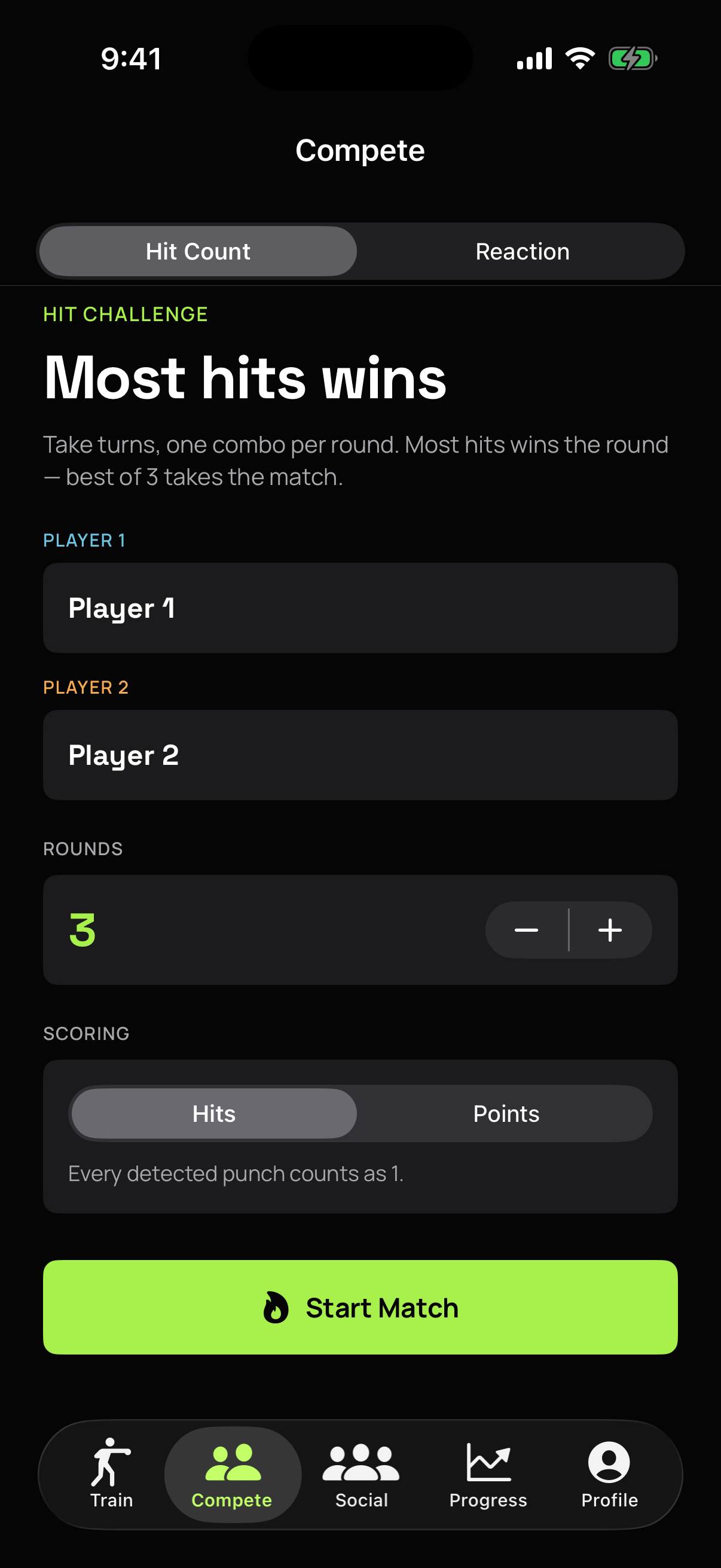 Compete tab — 1v1 hit challenge with rounds and scoring