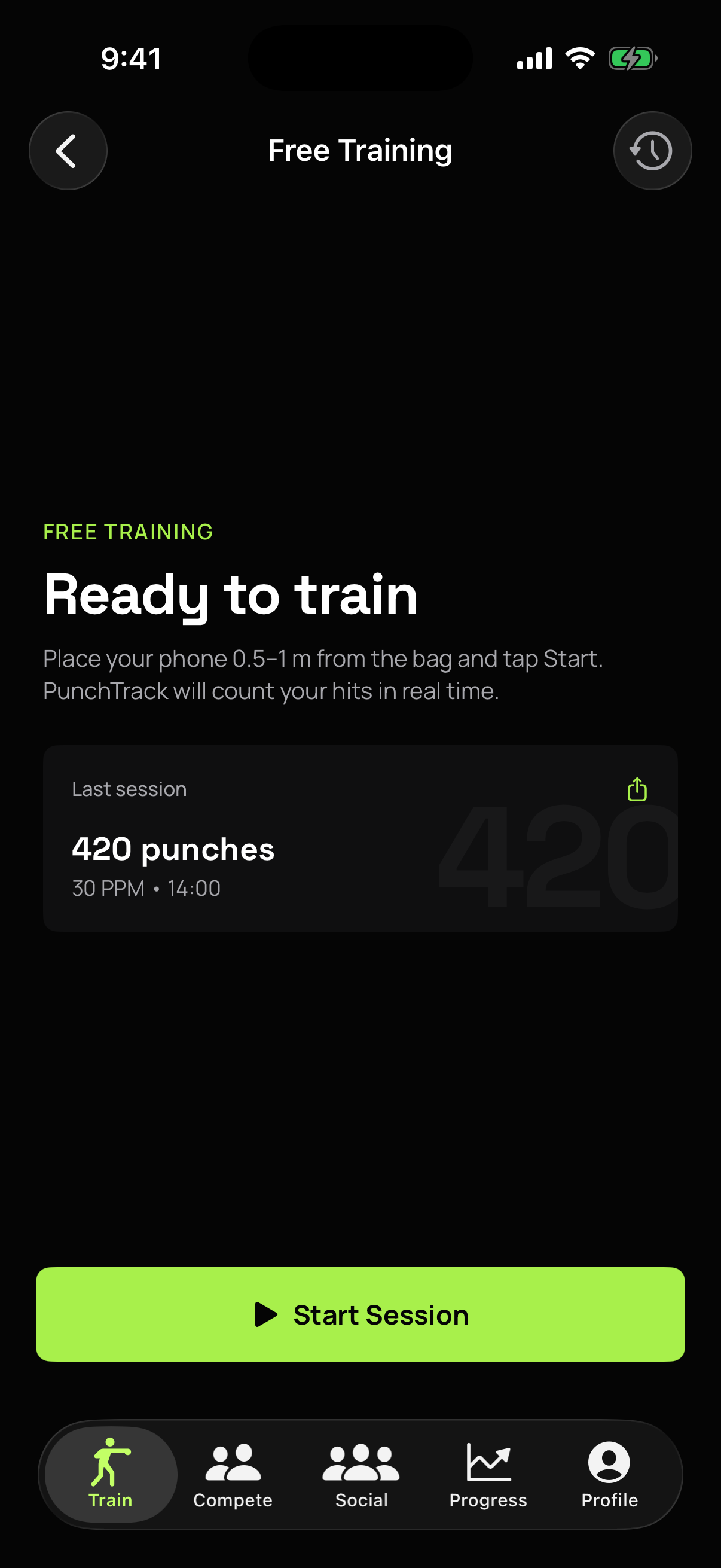 Live free-training session with real-time punch count