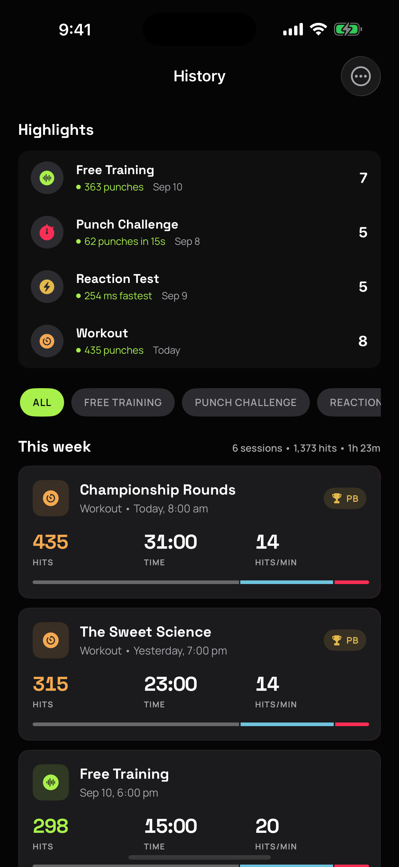 History, session cards grouped by week with hits, time, pace, and personal-best badges