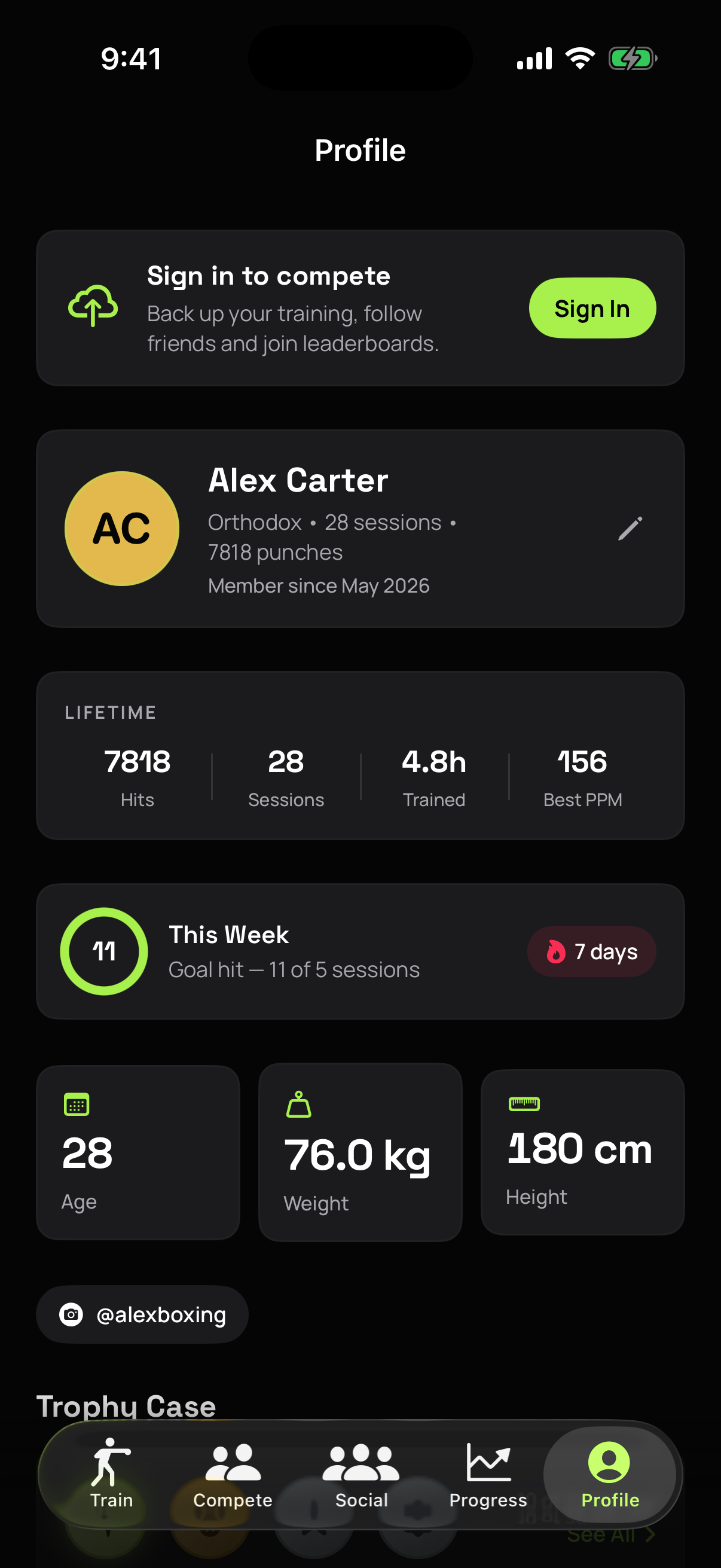 Profile tab — fighter card, stats, and settings