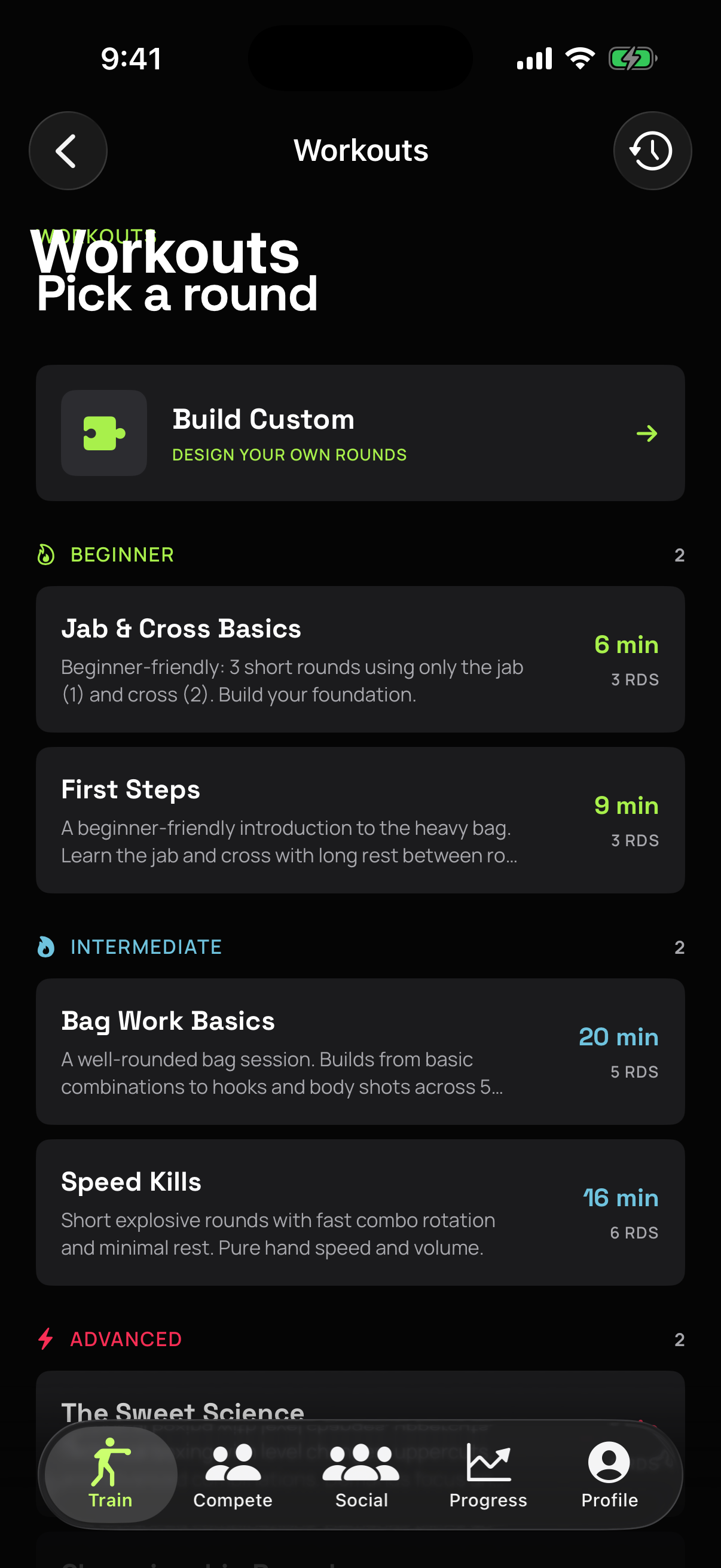 Workouts catalog — guided routines from beginner to advanced plus a custom builder