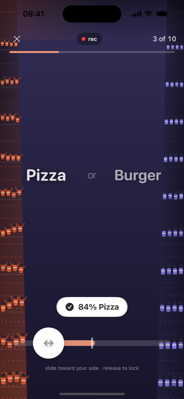 A live session recording question three of ten, Pizza or Burger, with the slider locked at 84 percent Pizza.