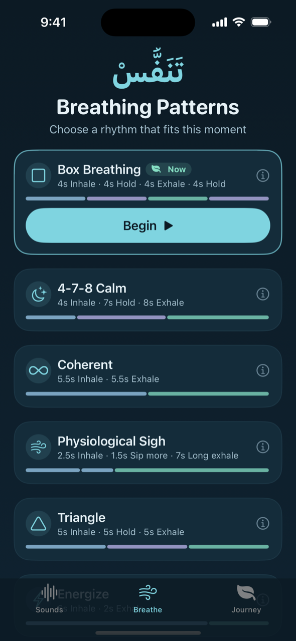 Guided breathing patterns — Box, 4-7-8, Coherent, Physiological Sigh and more