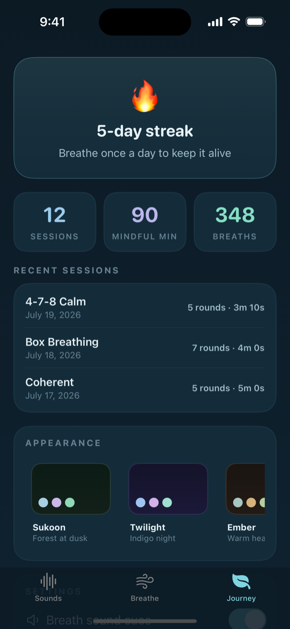 Journey tab showing a breathing streak, session stats and theme picker